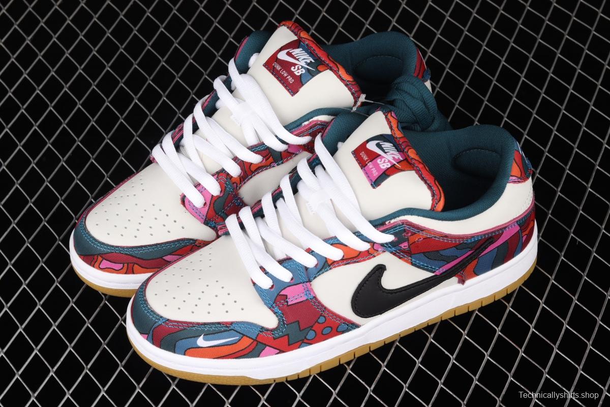 Parra x NIKE DUNK SB Low Pro White, Blue and Red Abstract Art scratch Music Olympic Slam Dunk Series retro low-top leisure sports skateboard shoes DH7695-600