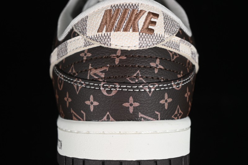 Nike SB Dunk Low LV Collaboration - Checkerboard Brown Monogram White Swoosh Anniversary High-End Custom Low-Top Casual Skate Shoes - SJ2068-255