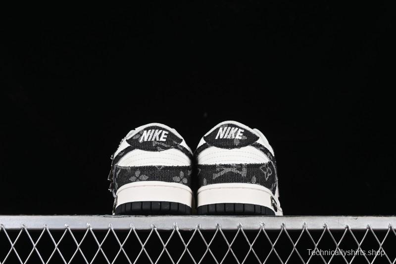 Nike SB Dunk Low LV Collaboration - Black Denim Off-White Black Swoosh Anniversary Custom Low-Top Casual Skate Shoes - DJ2024-009