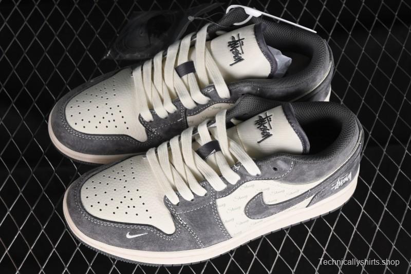Nike Air Jordan 1 Low AJ1 Stussy Collaboration - Grey Pigskin Custom Low-Top Basketball Shoes - SJ9950-010
