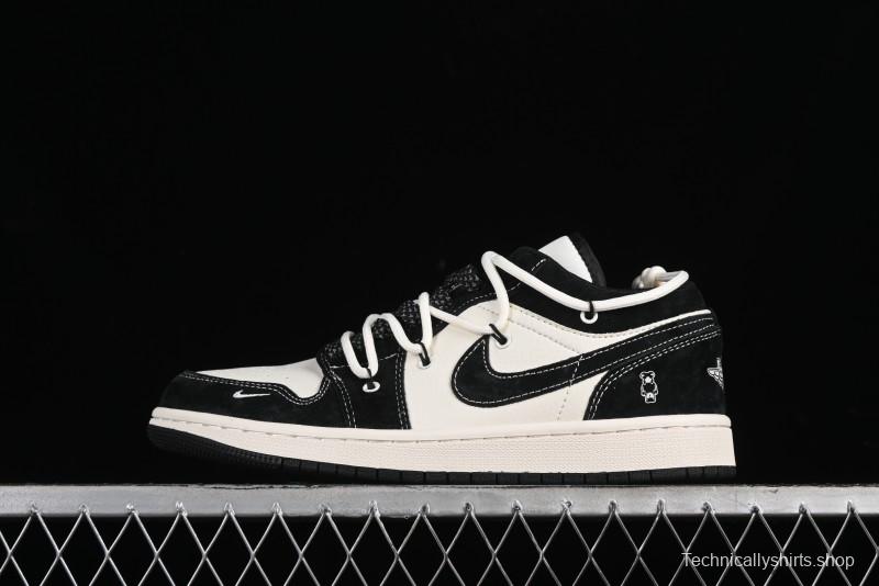 Nike Air Jordan 1 Low AJ1 x Violent Bear Collaboration - Black Beige Mark Line Custom Retro Basketball Shoes - SJ9950-013
