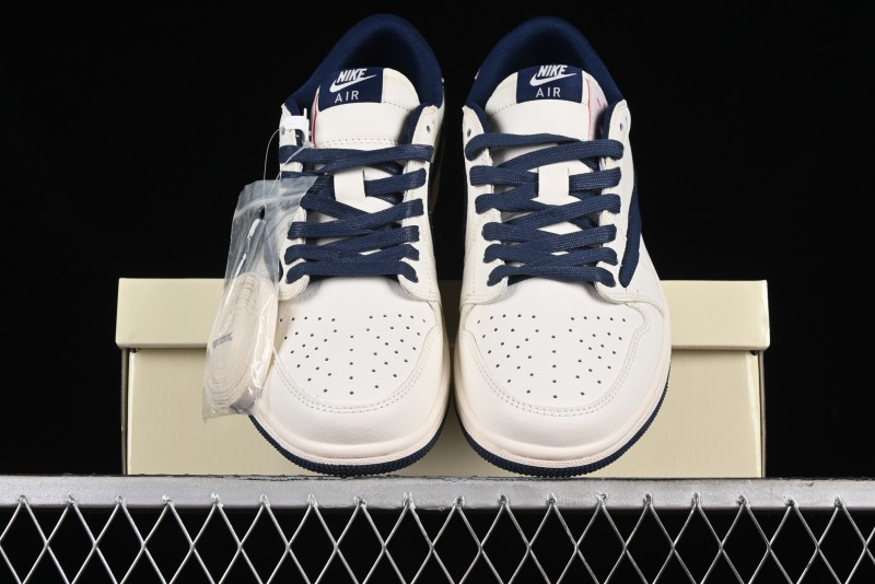 Nike Travis Scott x Fragment Design x Air Jordan 1 Low OG SP AJ1 Supreme Collaboration - White Navy Blue Low Top Casual Sneakers - XZ116