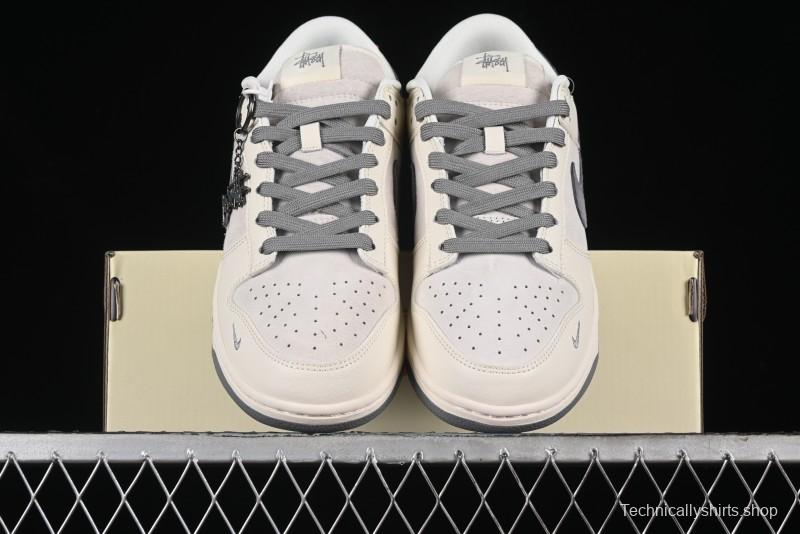 Nike SB Dunk Low Stussy Collaboration - Grey Pigskin Red Tail Anniversary High-End Custom Low-Top Casual Skate Shoes - XY2025-015