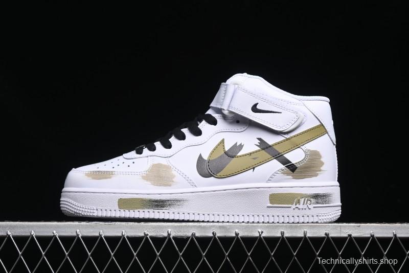 Nike Air Force 1 '07 Mid Hand-Painted Olive Green with Swoosh Shadow Strap Mid-Top Casual Sneakers - CW2289-111