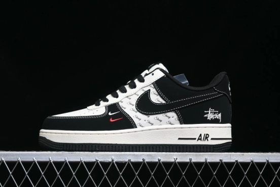 Nike Air Force 1 '07 Low Stussy Collaboration - Black White Mini Swoosh Low-Top Casual Sneakers - SJ6698-010