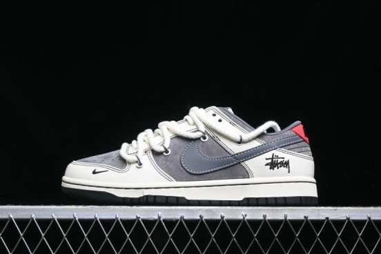 Nike SB Dunk Low Stussy Collaboration - Lace-Up Grey White Grey Check Anniversary High-End Custom Low-Top Casual Skate Shoes - YX5066-207
