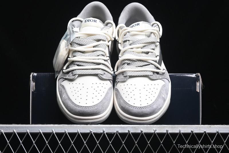 Nike Travis Scott x Fragment Design x Air Jordan 1 Low OG SP AJ1 Dior Collaboration - Splatter Lace-Up Low-Top Casual Sneakers DM9288-002