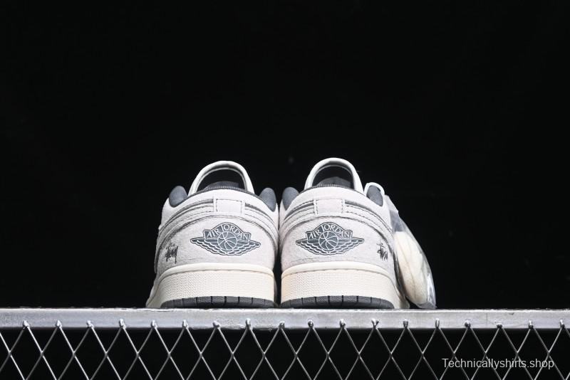 Nike Air Jordan 1 Low AJ1 Stussy Collaboration - Premium Customized Pigskin Grey Line Retro Basketball Shoes - DM9188-005