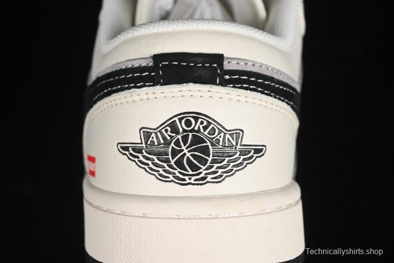 Nike Air Jordan 1 Low Supreme Collaboration - Dual-Tone Black Swoosh Custom Retro Basketball Shoes - SJ9950-043