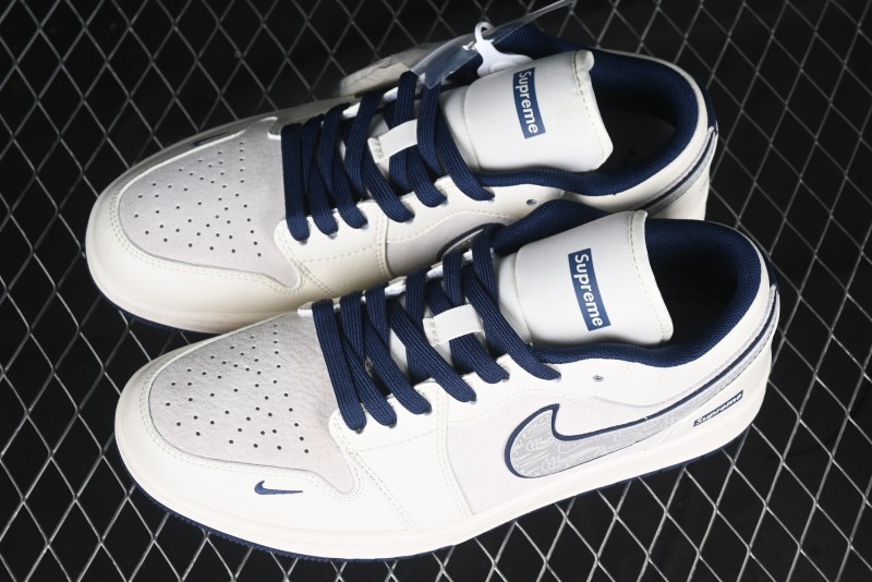 Nike Air Jordan 1 Low Supreme Collaboration - Shadow Swoosh Custom Retro Basketball Shoes - XX3318-368