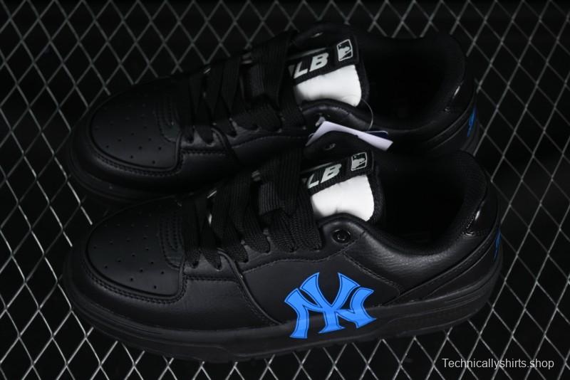 NY Yankees Black Leather Sneakers with Bold Blue Logo