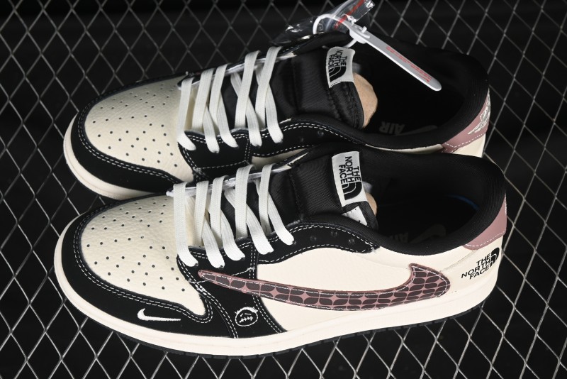 Nike Travis Scott x Fragment Design x Air Jordan 1 Low OG SP AJ1 North Face Collaboration Beige Brown Checkered Low-Top Casual Sneakers - XS2024-036