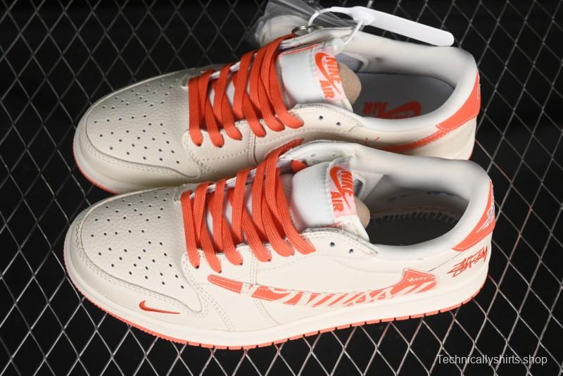Nike Travis Scott x Fragment Design x Air Jordan 1 Low OG SP AJ1 Stussy Collaboration Summer Orange Low-Top Casual Sneakers - LD2025-020
