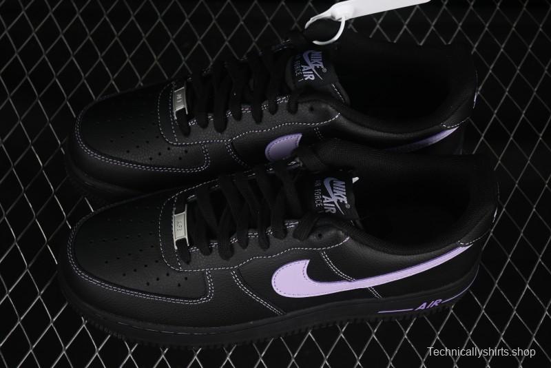 Nike Air Force 1'07 Low Casual Sneakers in Black with Purple Swoosh - HQ2037-001