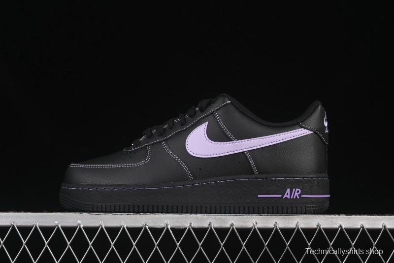 Nike Air Force 1'07 Low Casual Sneakers in Black with Purple Swoosh - HQ2037-001