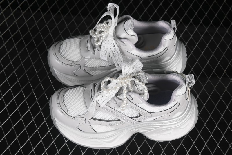 GG-CC Lace Pearl Chain Casual Platform Dad Shoes - 250310 Silver