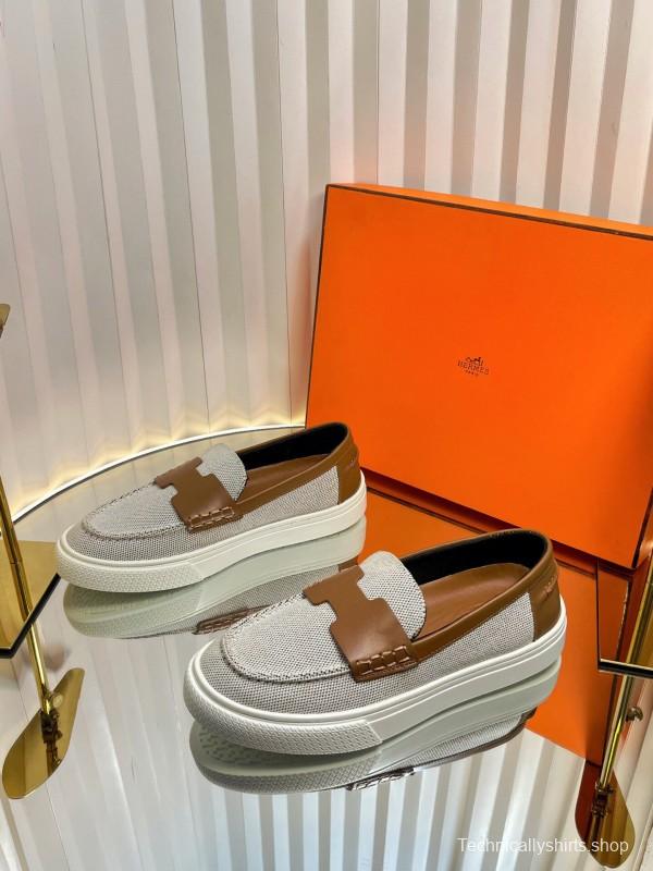 2025 Unisex Hermès White Brown Leather Fabric Loafers