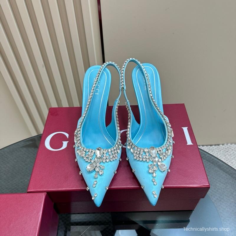 2025 Women Gucci Blue Silk Crystal Embellished Slingback Pumps MJ00340