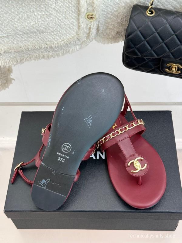 2025 Women Chanel Red Leather Sandals Chain Decoration