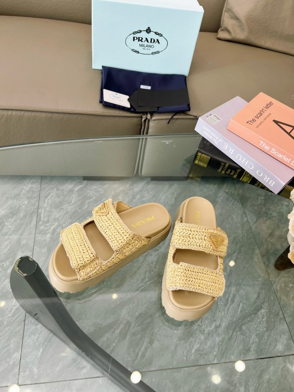 2025 Prada Beige Raffia Slippers LY00290