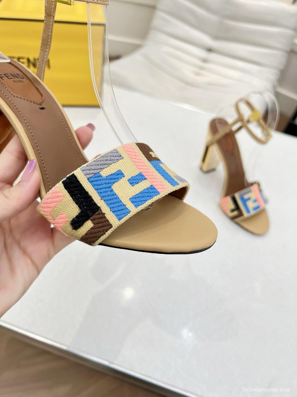 2025 Women Fendi Beige Canvas Leather High Heel Buckle MJ00280