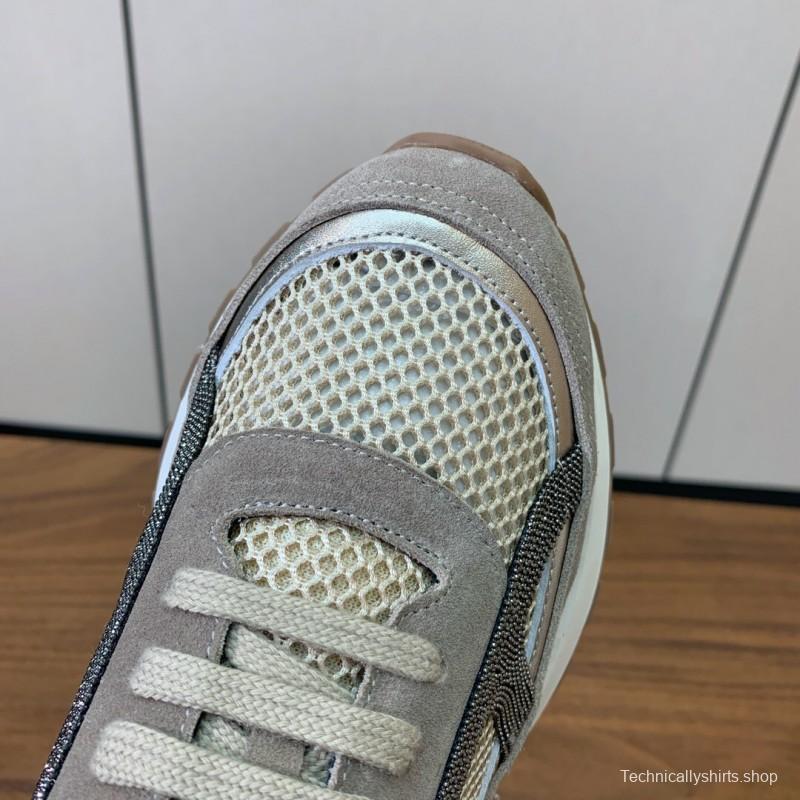 2025 Women Brunello Cucinelli Beige Brown Mesh Leather Sneakers