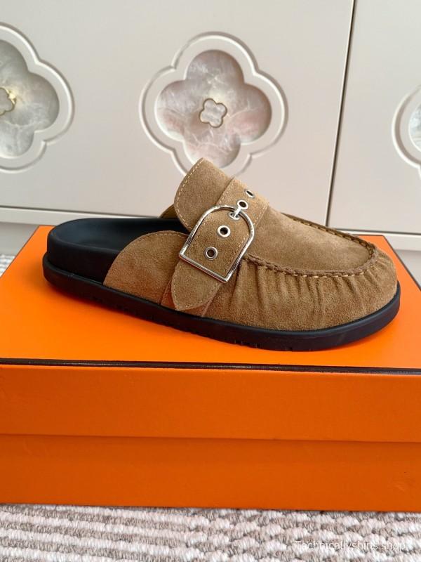 2025 Women Hermès Deep Brown Suede Mule Buckle KFY00290