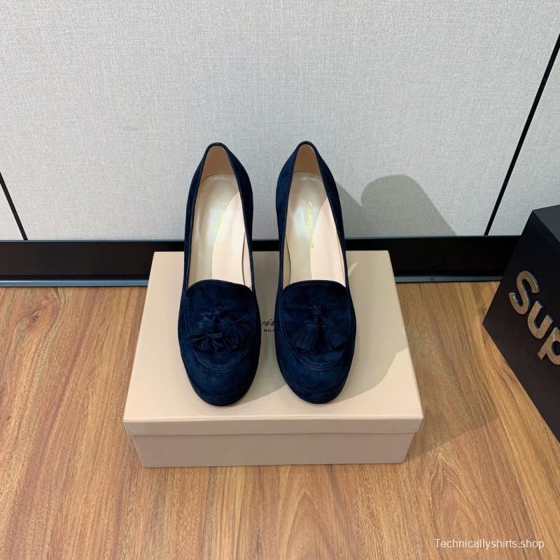 2025 Women Gianvito Rossi Navy Suede Platform Loafers KFY00330