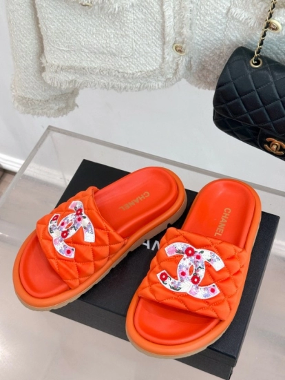 2025 Slippers Chanel Orange Leather Slippers KFY00260