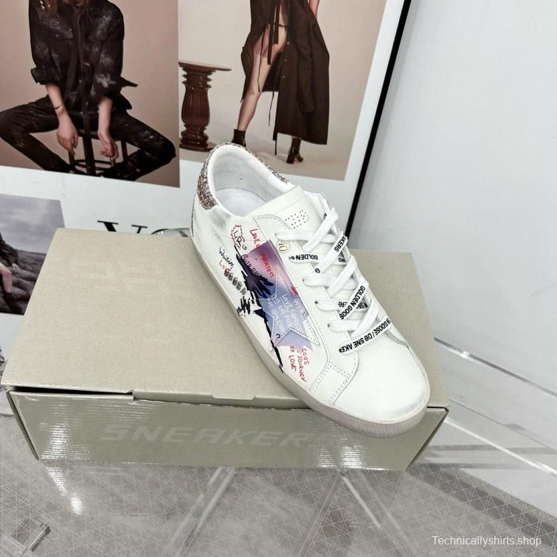 2025 Women GGDB White Blue Leather Sneakers