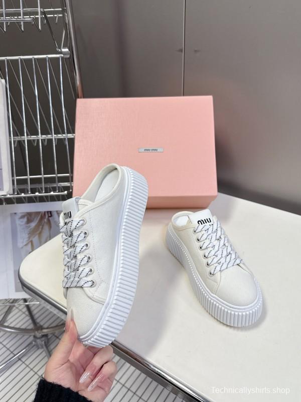 2025 Women Miu Miu White Canvas Sneakers