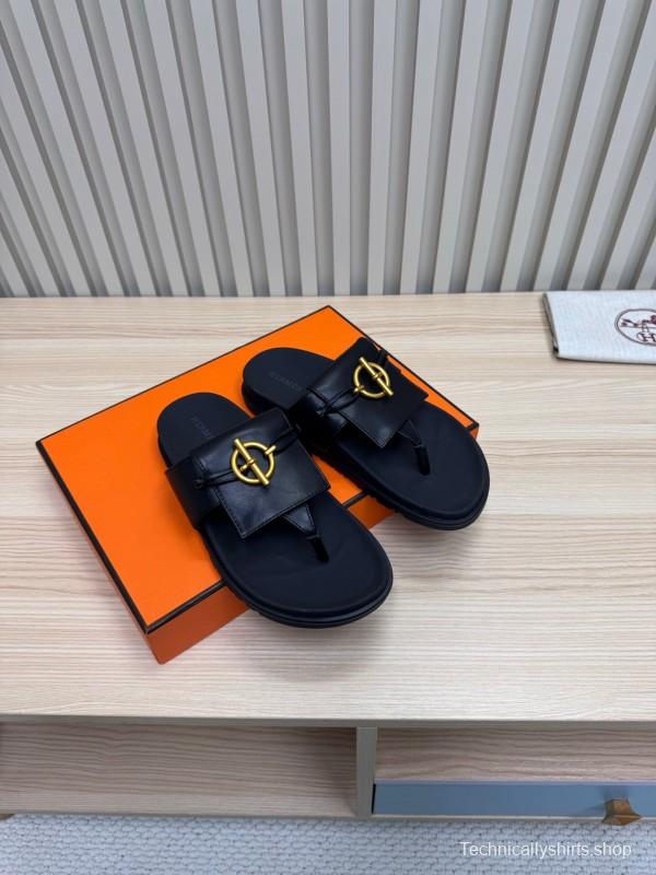 2025 Women Hermès Black Leather Slippers