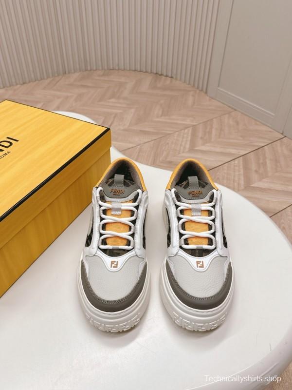 2025 Women Fendi White Grey Yellow Leather Mesh Sneakers