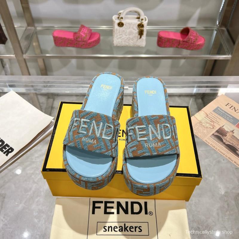 2025 Slippers Fendi Blue Brown Canvas FF Jacquard Platform FJ00321