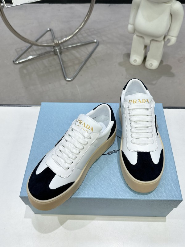 2025 Women Prada White Black Leather Suede Sneakers