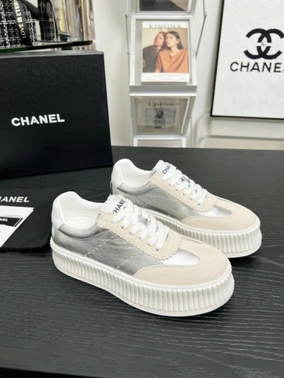 2025 Women Chanel White Silver Suede Leather Sneakers LY00270