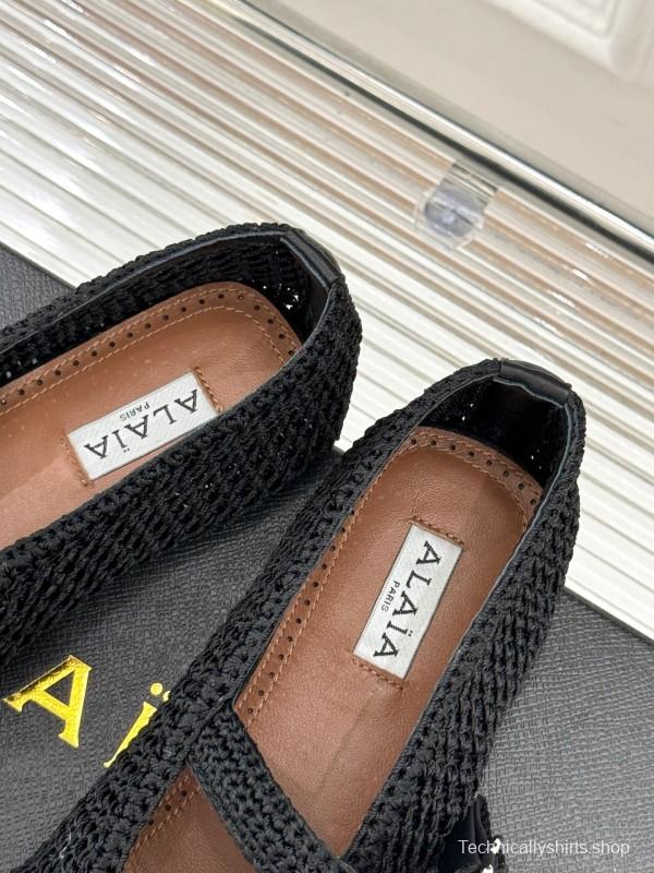 2025 Women AlAIA Black Woven Leather Mary Jane KFY00310