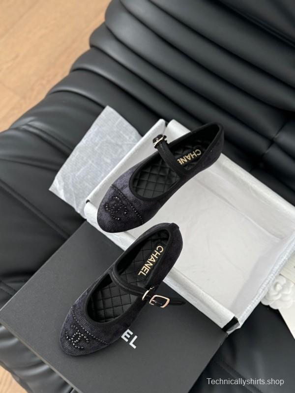 2025 Women Chanel Black Velvet Mary Jane Embroidered LY00280