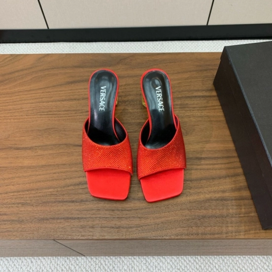 2025 Women VERSACE Red Leather Suede Slip-on Sandals