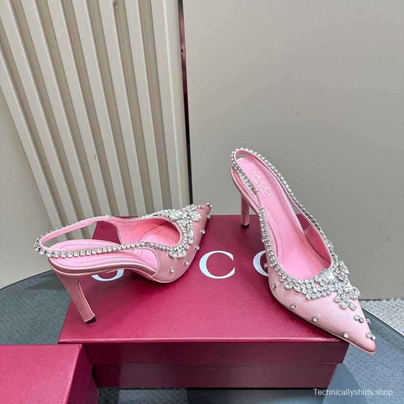 2025 Women Gucci Pink Silk High Heel Slingback Crystal LY00340