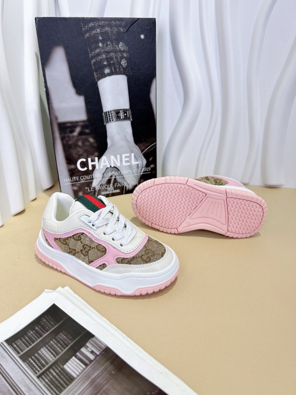 2024 Kids CHANEL Pink White Canvas Leather Sneakers