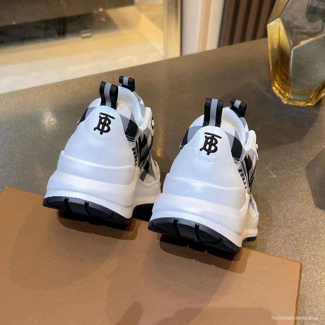 2025 Unisex Burberry White Black Cotton Leather Suede Chunky Sneakers Vintage Check MJ00380(F/W)