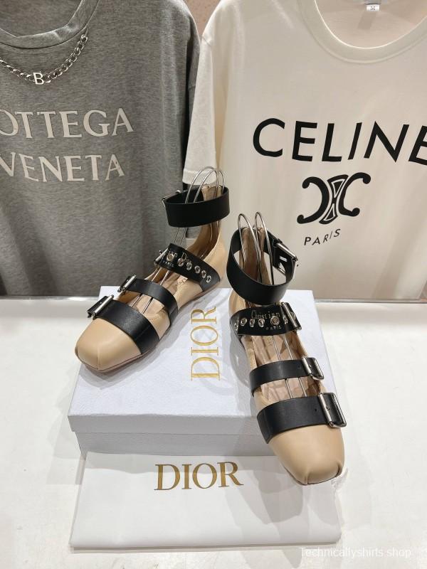 2025 Women Dior Beige Black Leather Mary Jane Buckle Flats