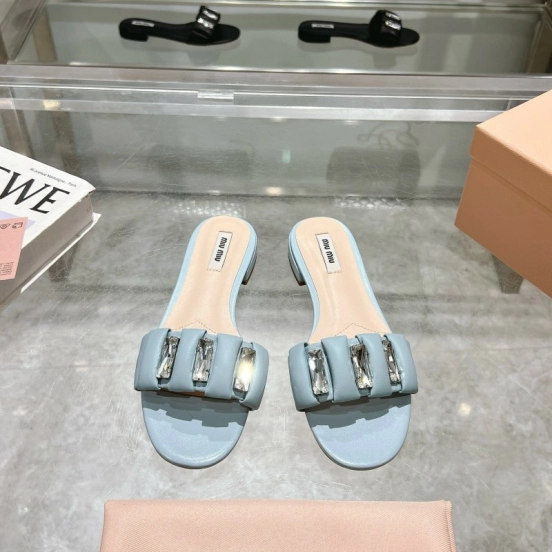 2025 Women Miu Miu Light Blue Leather Slippers