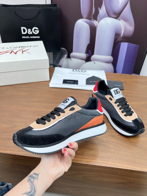 2025 Unisex Dolce & Gabbana Black Brown Red PU Leather Mesh Casual Sneakers LY00300