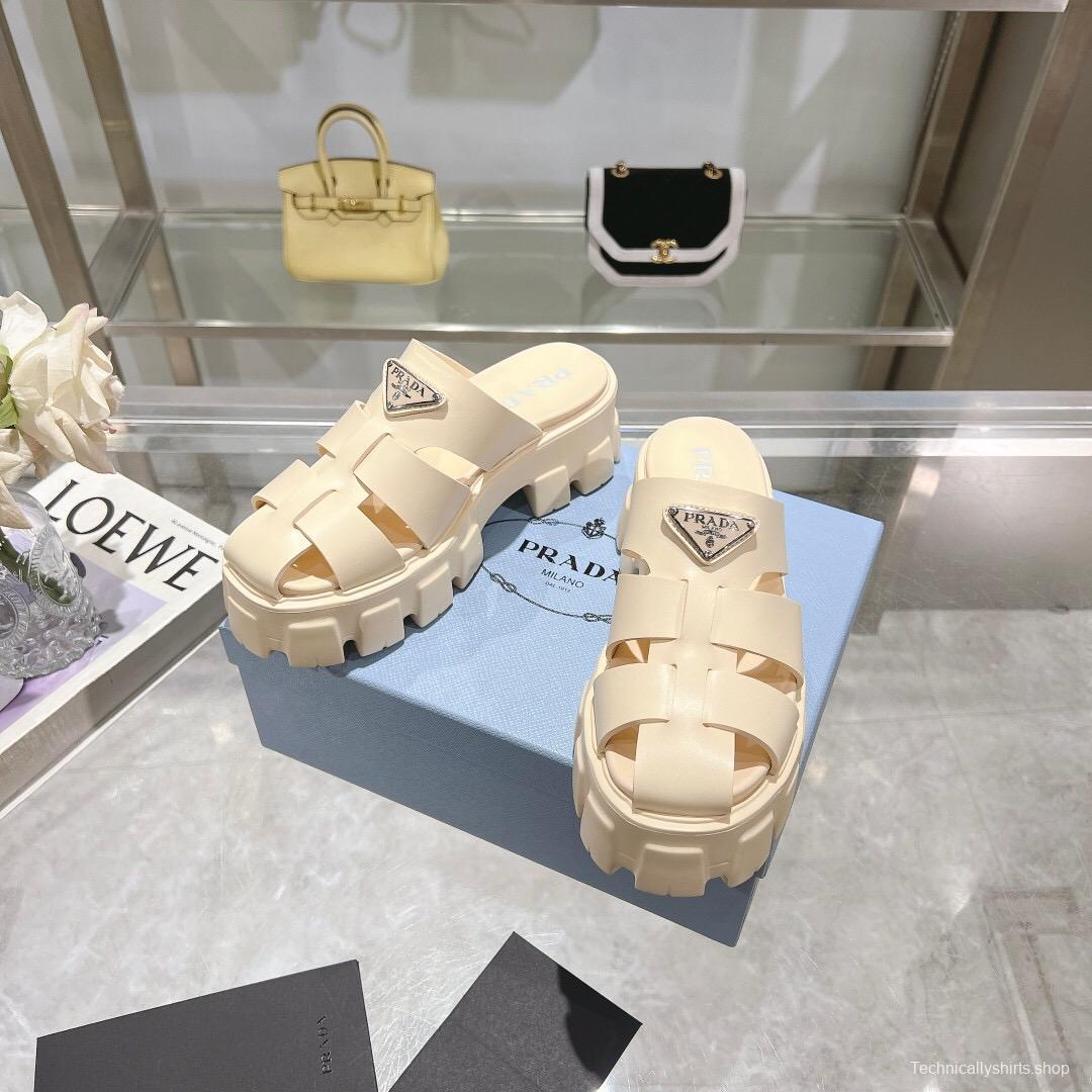 2025 Women Prada Beige Leather Platform Sandals LY00250