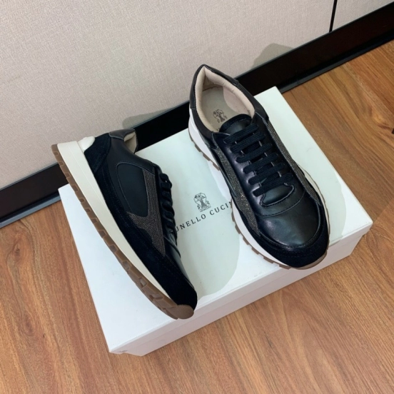 2025 Unisex Brunello Cucinelli Black Brown Leather Suede Sneakers LY