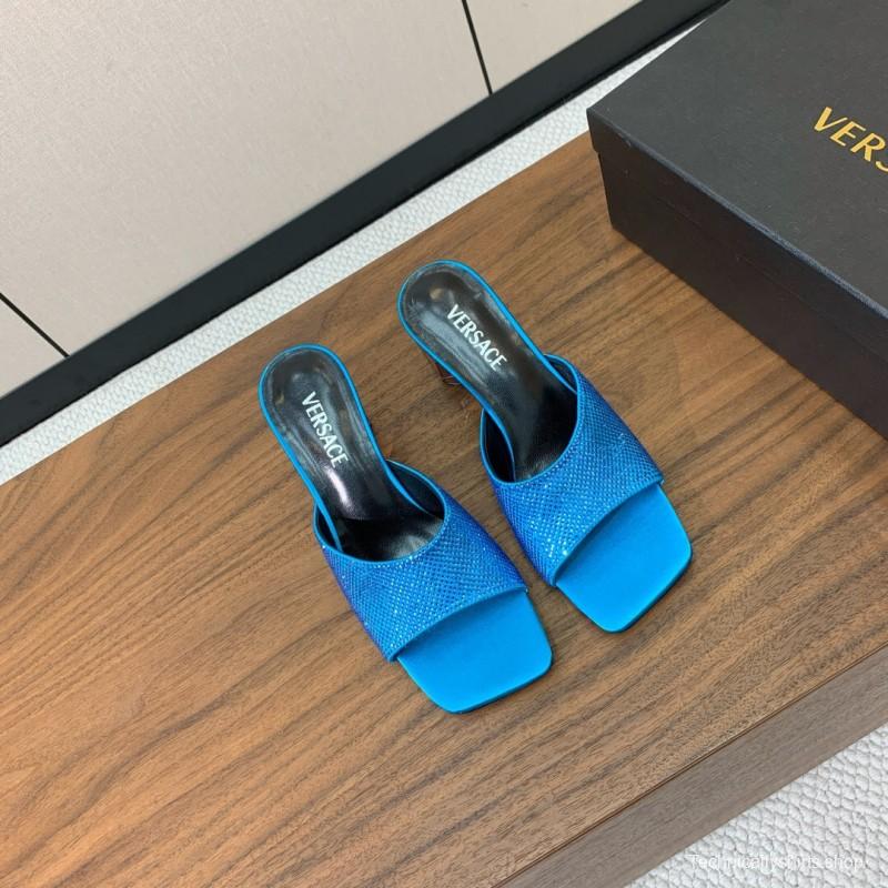 2025 Women VERSACE Blue Satin Slippers