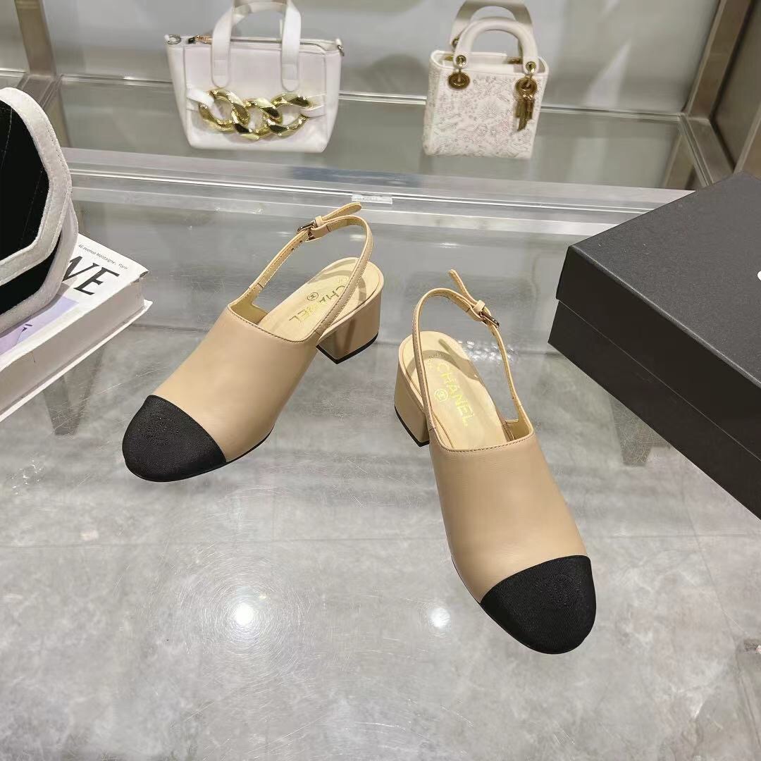 2025 Women Chanel Beige Black Leather Slingback Block Heel LY00300