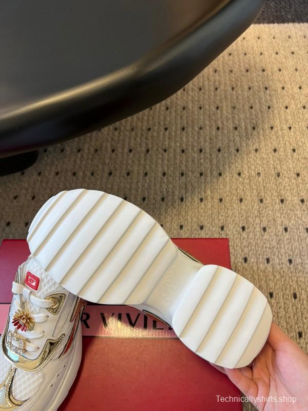 2025 Women Roger Vivier White Gold Leather Mesh Sneakers KFY00380